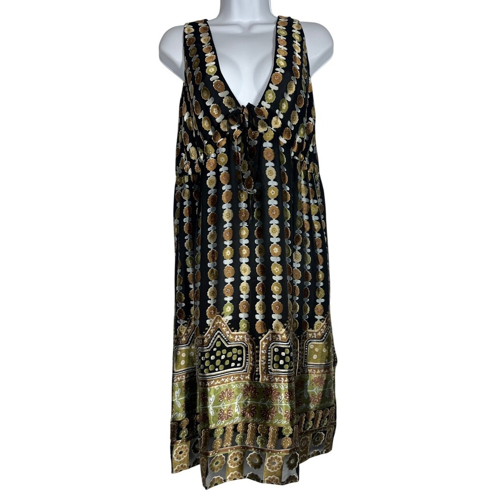 YASB Women's S 100% Silk V-Neck Boho Floral Panel Sleeveless Empire Dress